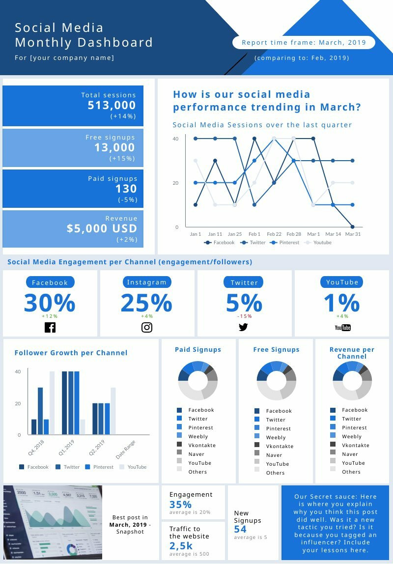 Social Media Monthly Dashboard | Free report template - Piktochart