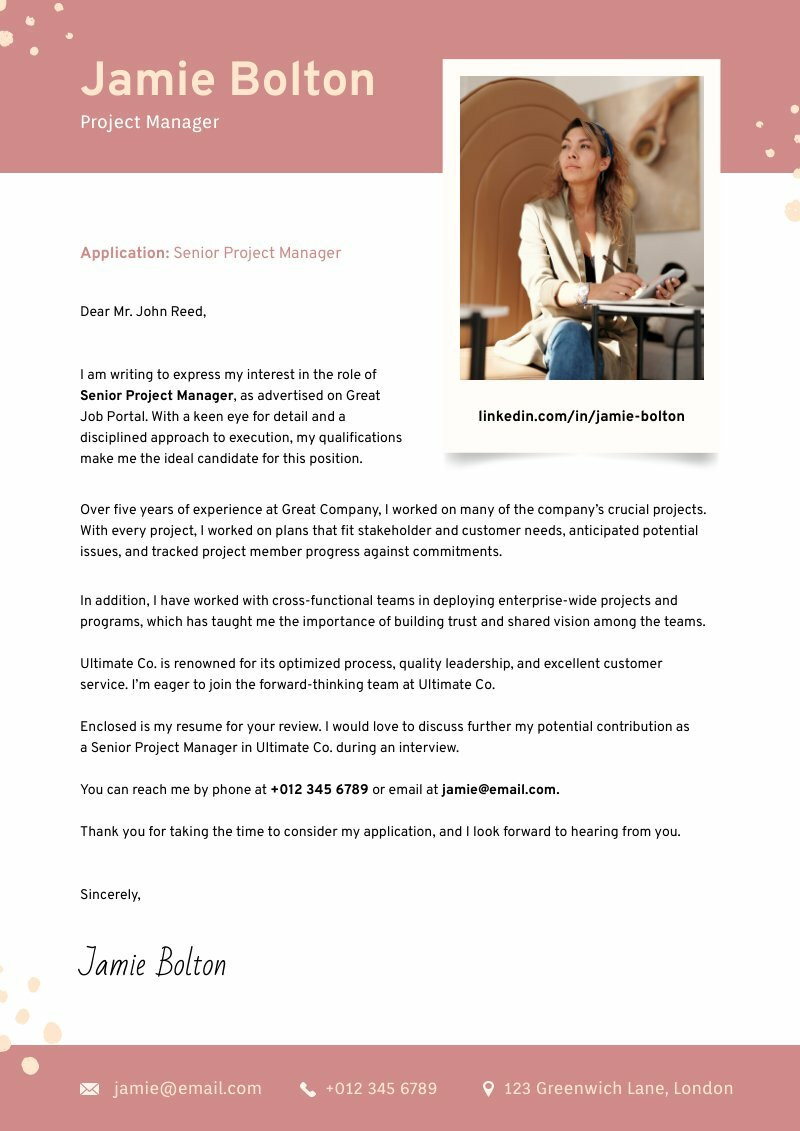 Project Manager Cover Letter Piktochart