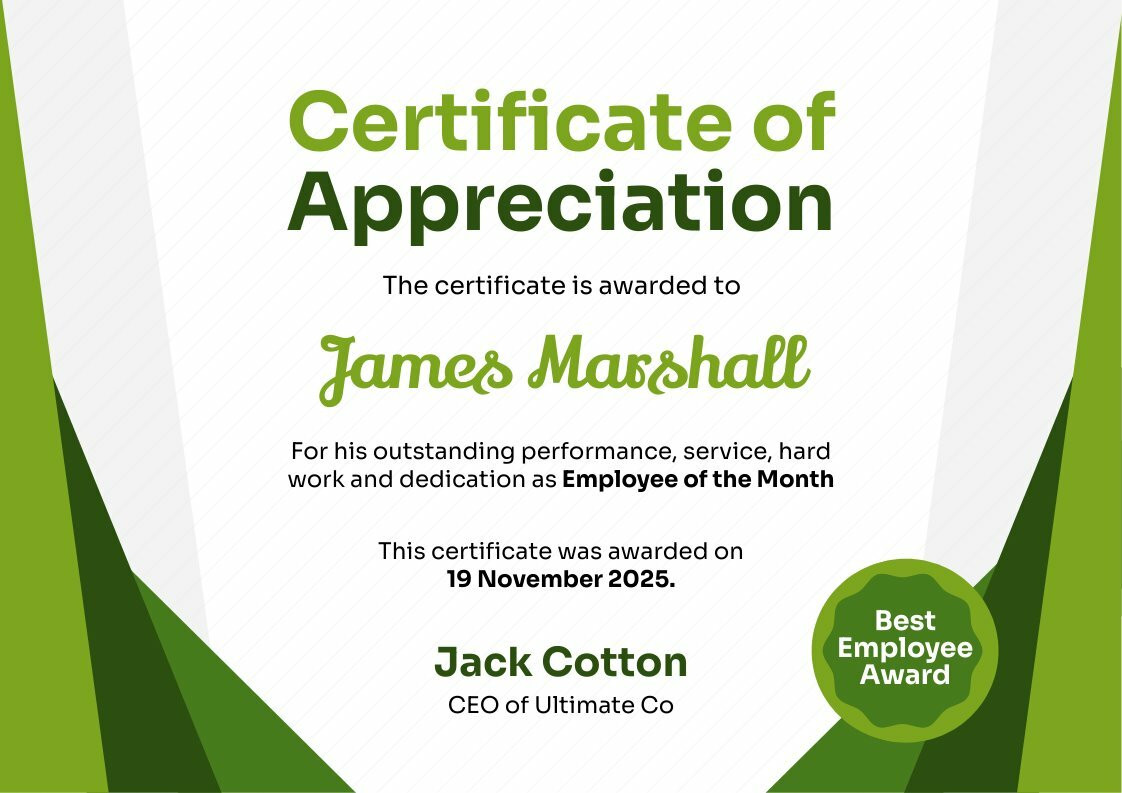 Sample Template Of Certificate Of Appreciation