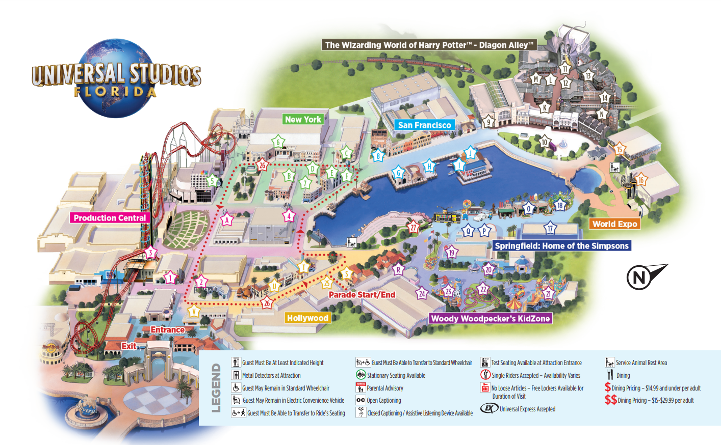 Este es el mapa del parque Universal Studios Florida. Shrek 4-D está en "Production Central".